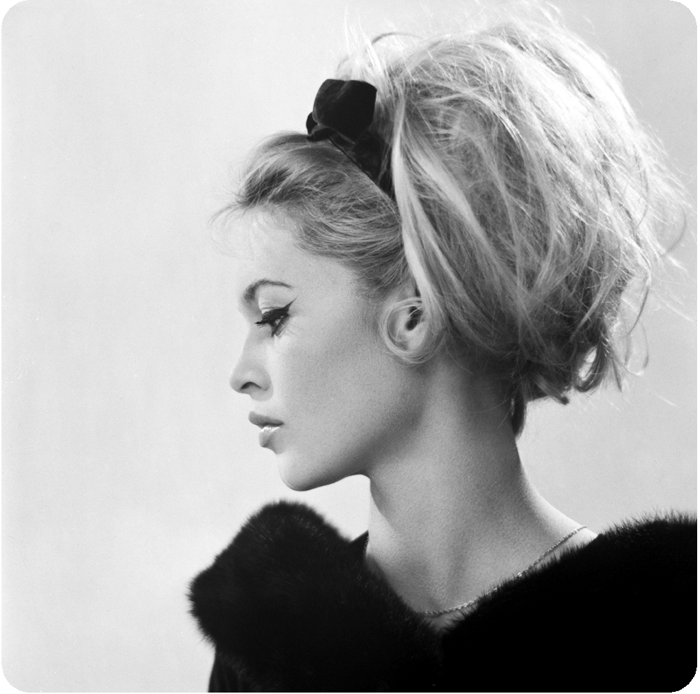 black and white portrait of Brigitte Bardot. Profile view.